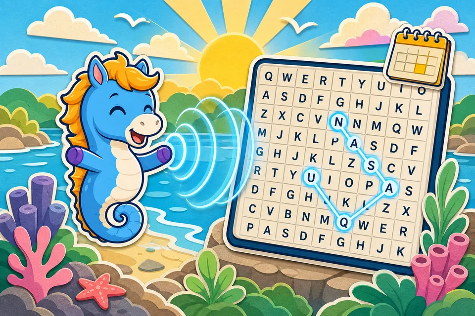 Lex sending sonar rings across a word-search grid at sunrise